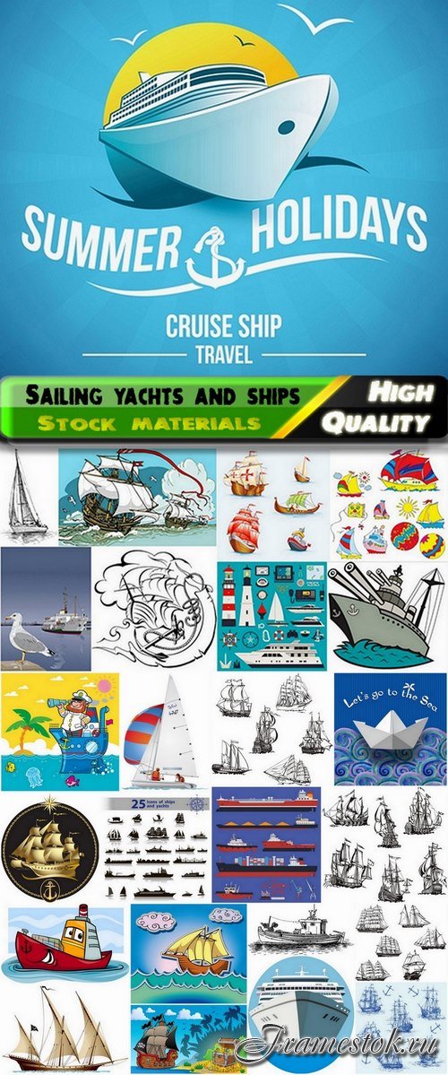 Illustration of sailing yachts and naval and commercial ships - 25 Eps