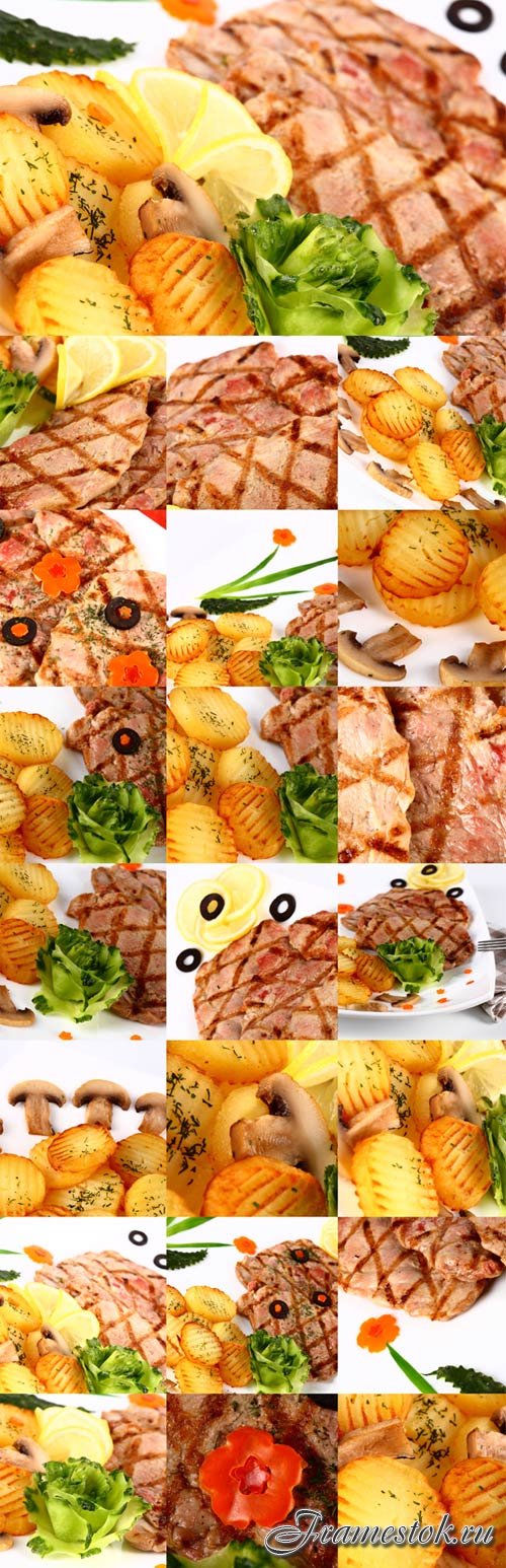 Grilled meat with potato, vegetables and mushrooms bitmap