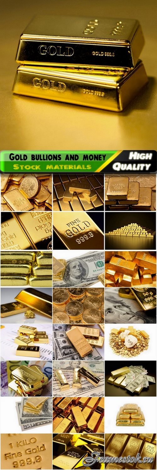 Gold bullions and money with coins - 25 HQ Jpg