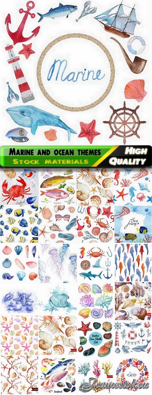 Watercolor illustrations with marine and ocean themes - 24 Eps