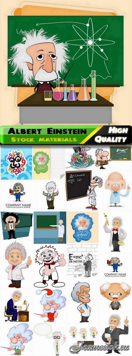 Funny cartoon Albert Einstein and formulas - 25 Eps