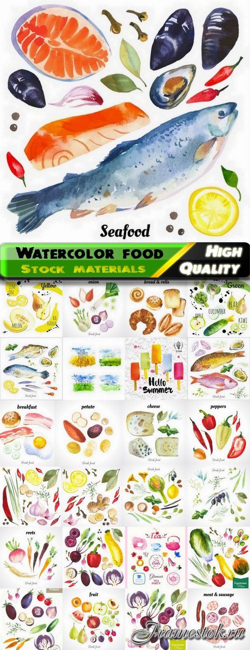 Different watercolor food and elements - 25 Eps