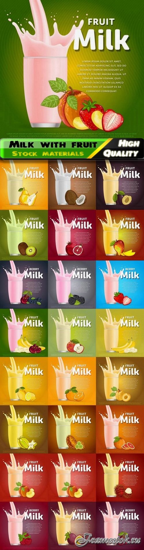 Glass of cow milk with realistic fruit - 25 Eps