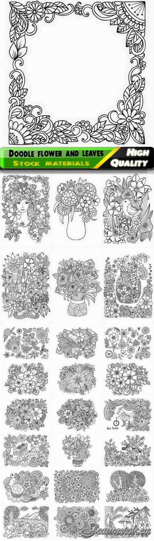 Illustrations of doodle flower leaves and plant for coloring book - 25 Eps