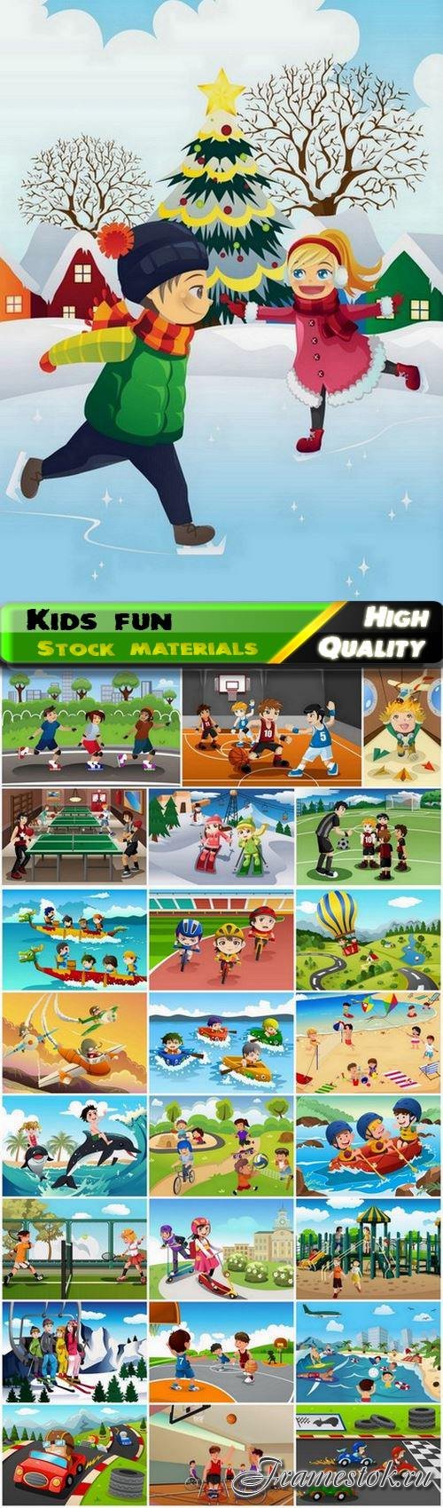 Sport children and kids have fun on different scenery 25 Eps