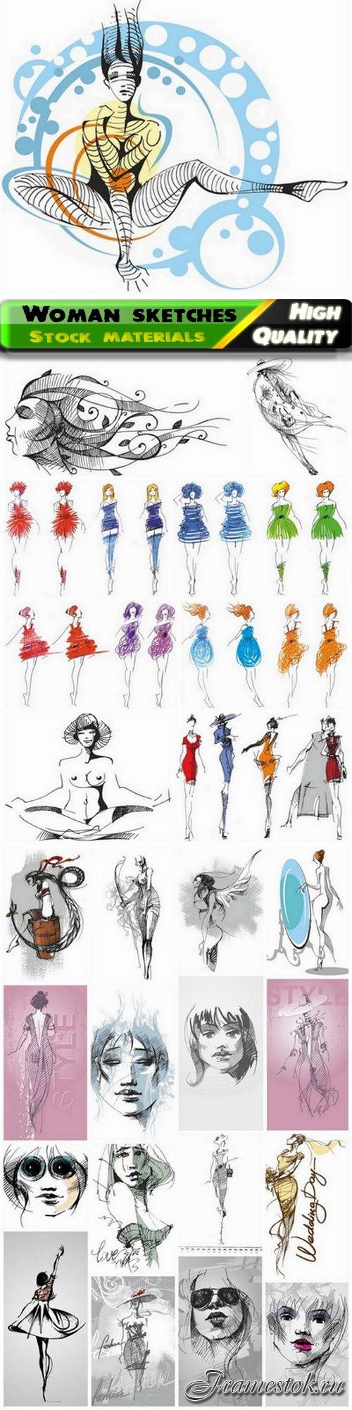 Fashion sketches of stylish woman and girl for beauty salon 25 Eps
