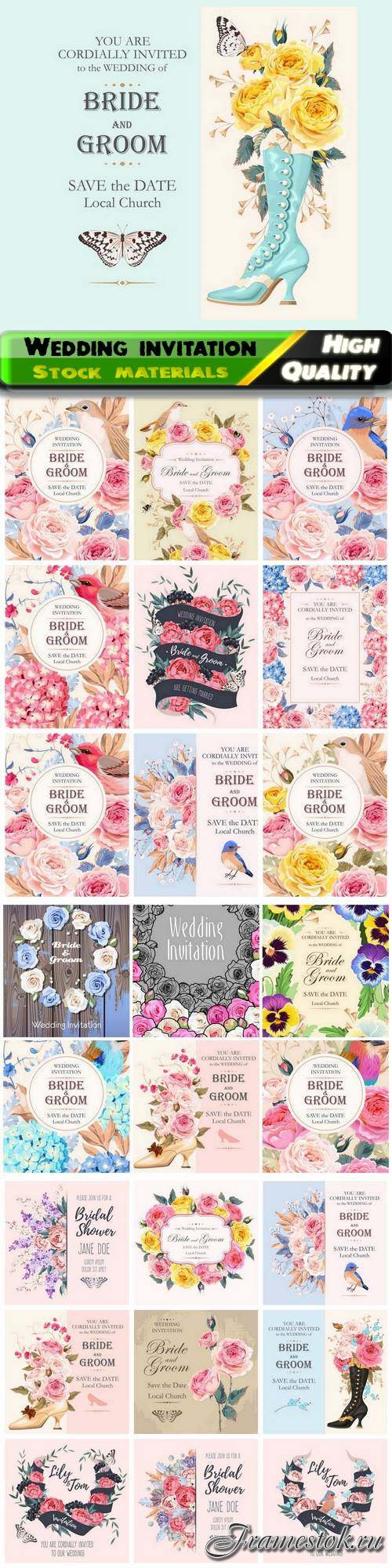 Floral frame for romantic wedding invitation with save date 25 Eps