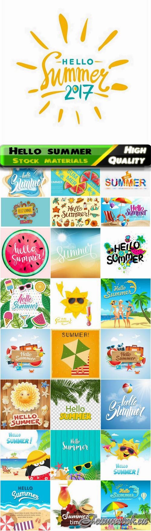Hello summer sunny holiday poster and travel banner 25 Eps
