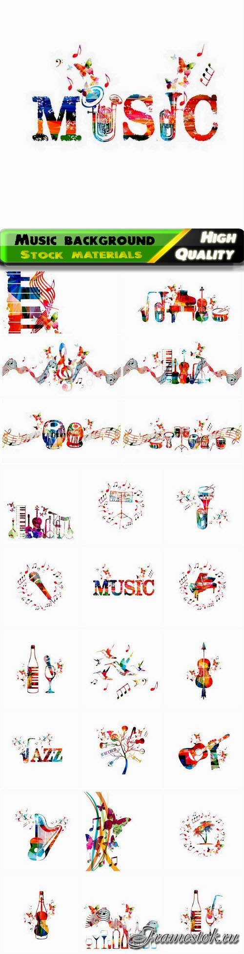 Music background with piano cello saxophone guitar harp 25 Eps