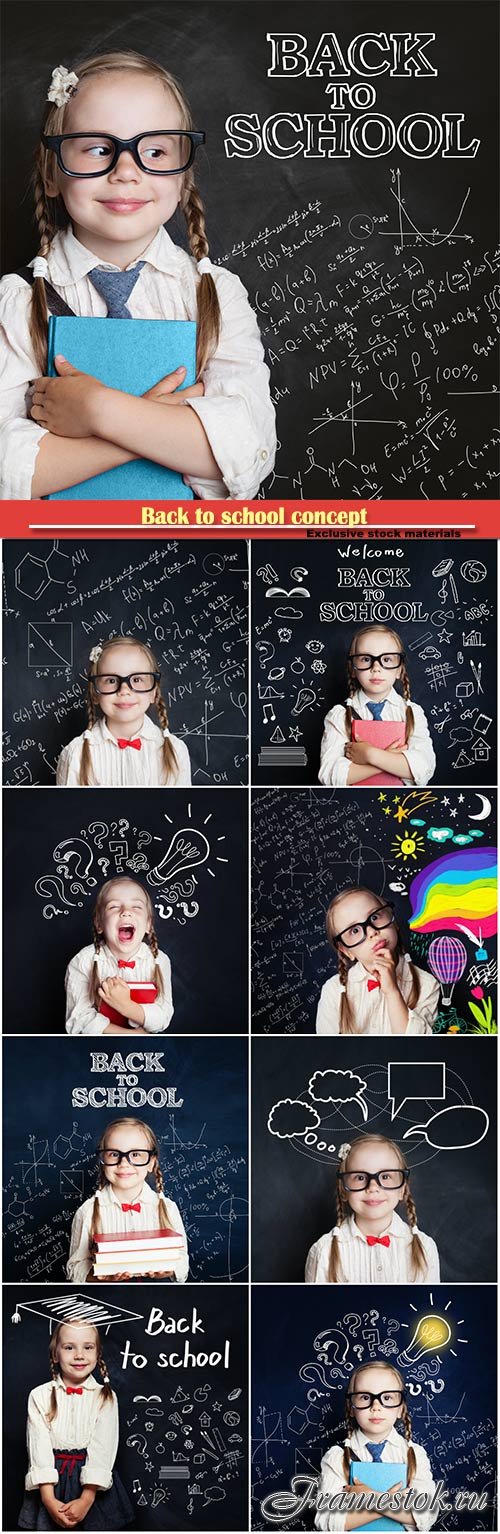 Back to school concept, little girl on chalk board background