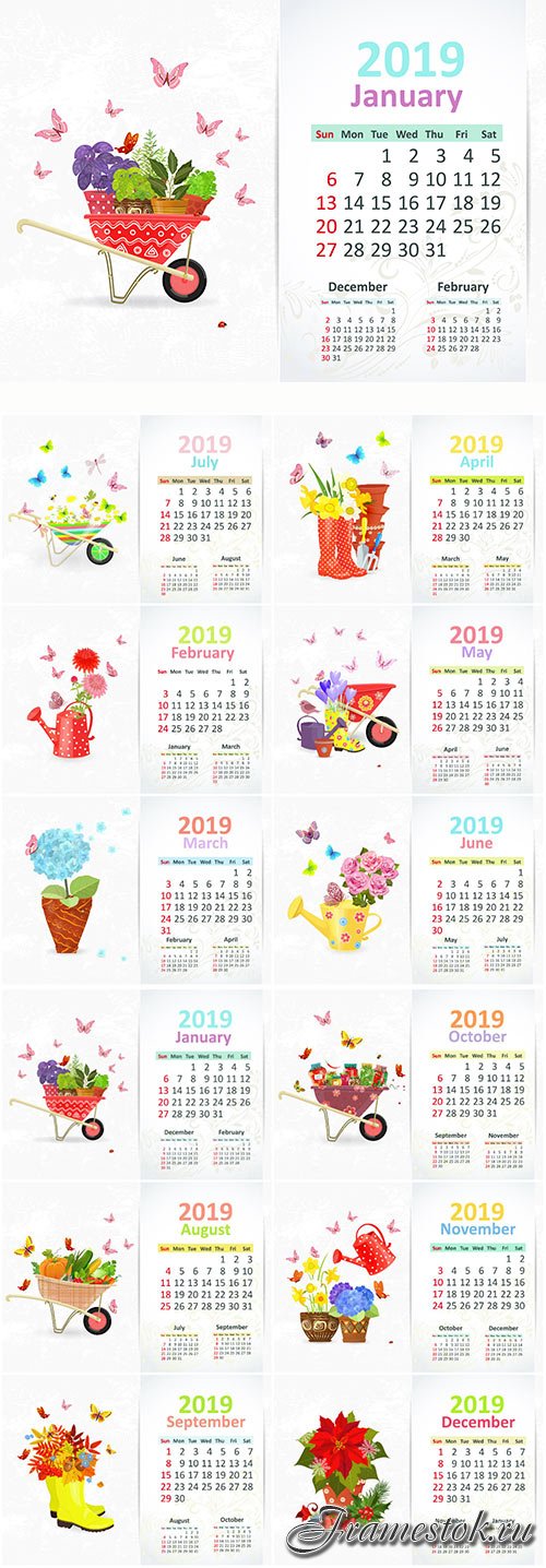 Calendar for 2019 year vector illustration, lovely gardening