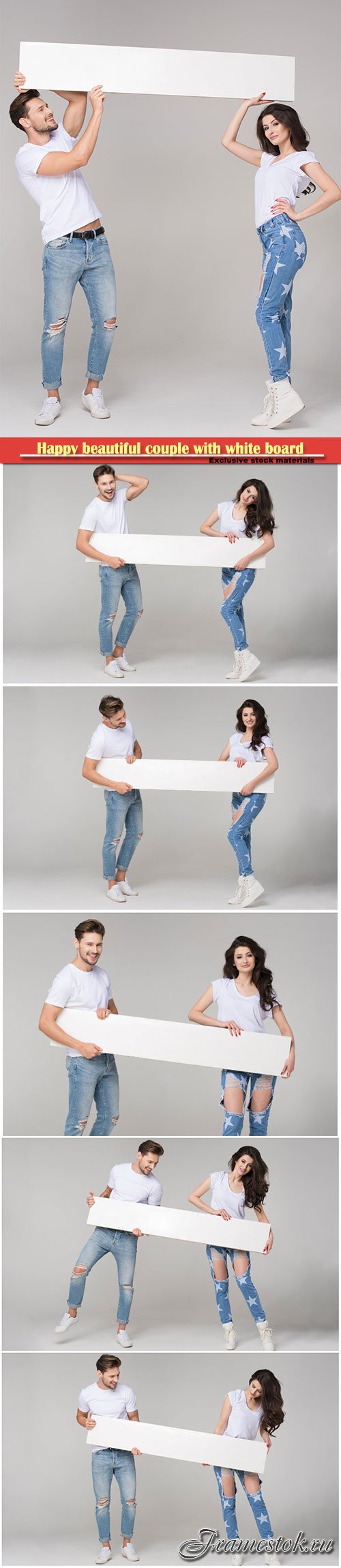 Happy beautiful couple with white board