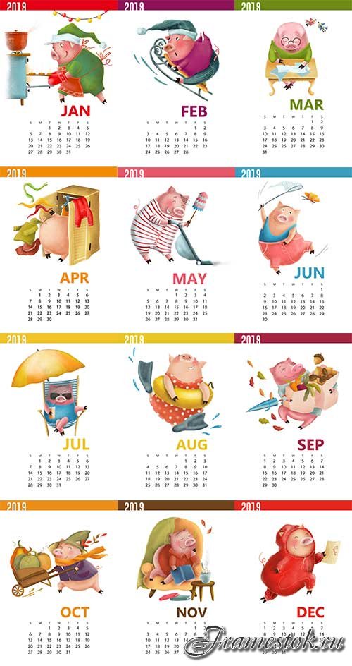  2019     / Calendar 2019 with pig in vector