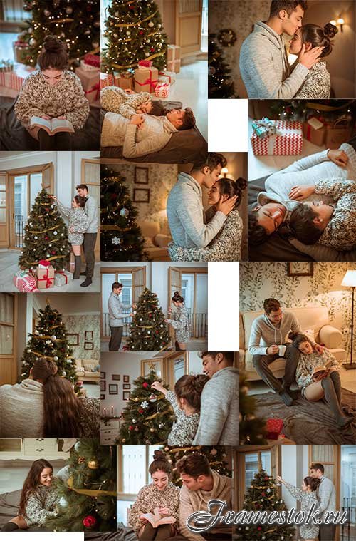     -  / Couple in love decorates Christmas tree - Clipart