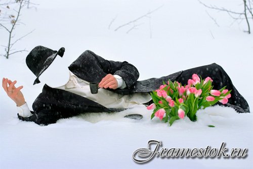 Шаблон для фотошопа - Донжуан с кофе и цветами на снегу