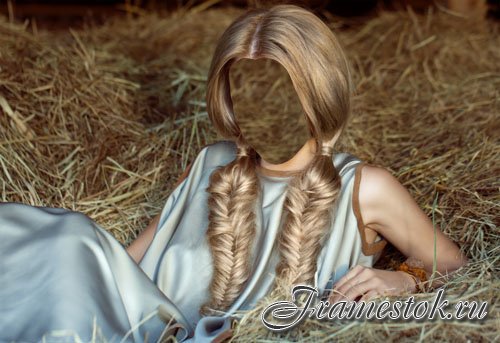 Шаблон для photoshop - Блондинка с большими косами лежит на сеновале