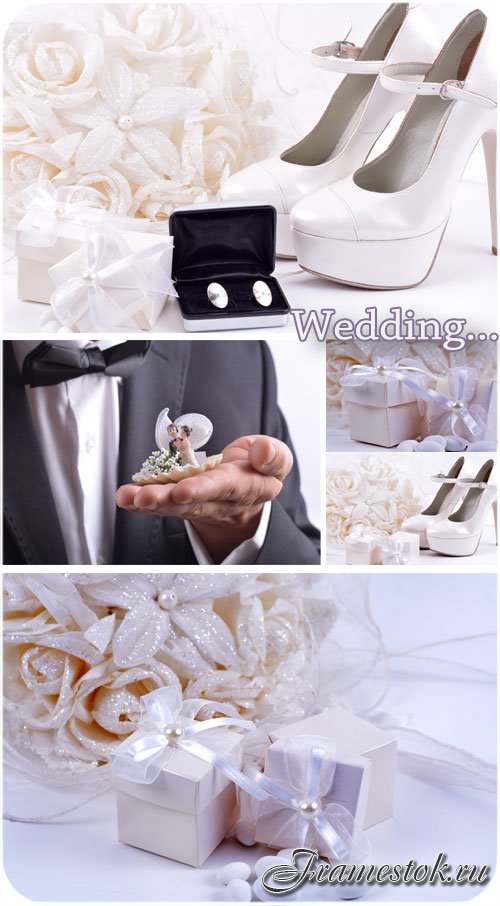Свадебный коллаж, туфельки невесты, обручальные кольца - сток фото