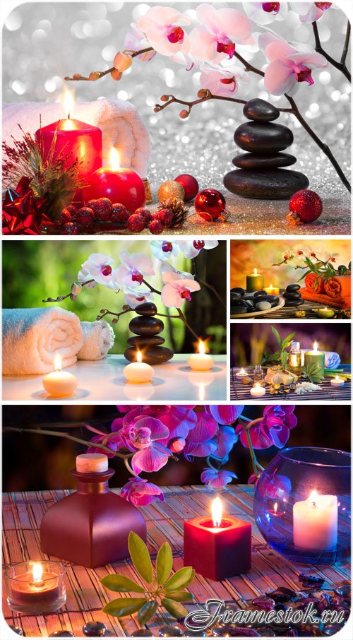 Красивые спа фоны, свечи, спа камни и цветы - сток фото