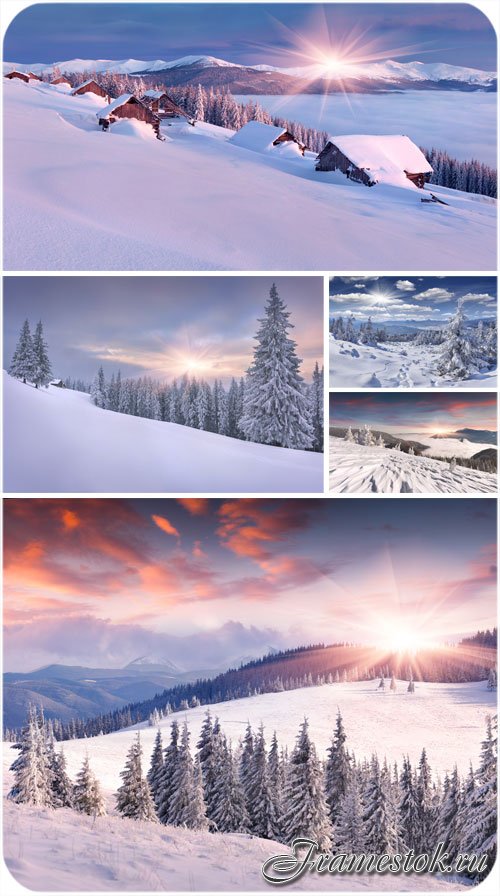 Зимние пейзажи, восход солнца, заснеженные елки - сток фото