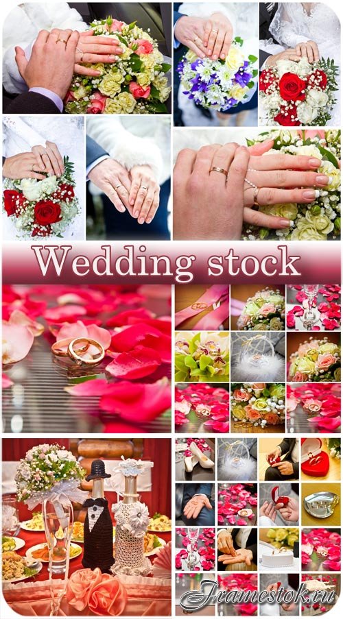 Свадебные коллажи, жених и невеста, обручальные кольца и цветы - сток фото