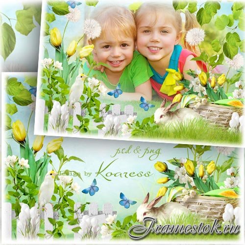 Весенняя детская фоторамка с цветами, птичкой и кроликом - Зеленая полянка