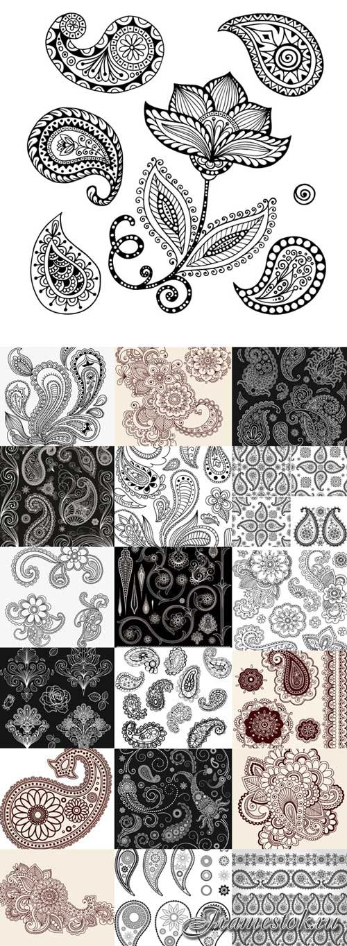 Set of flowers and paisley vector graphics
