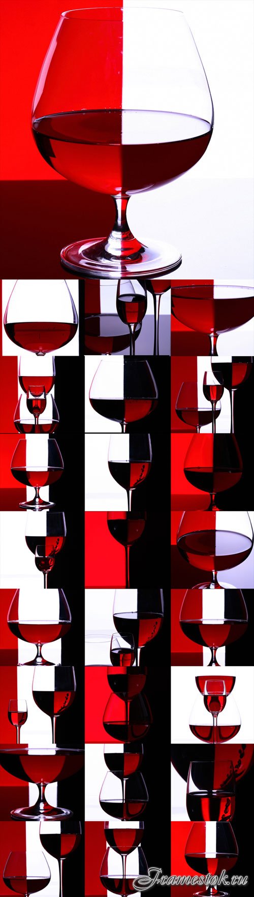 Several cocktails goblets, glasses are in colorful red, black combination