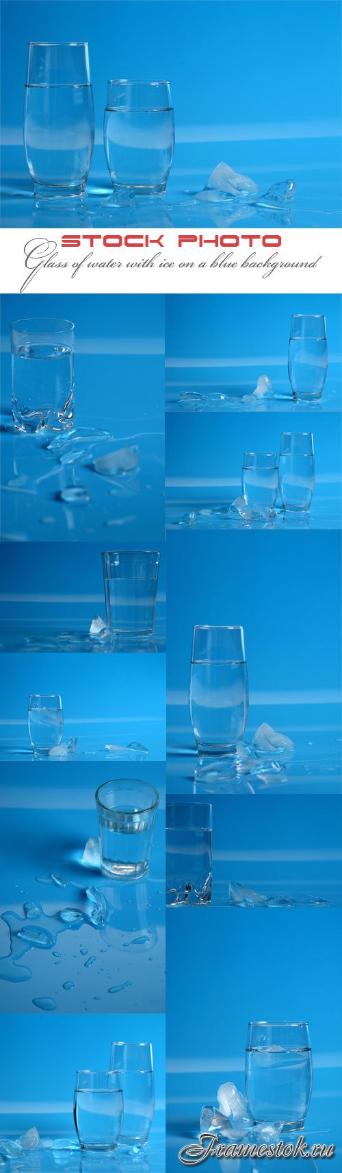 Glass of water with ice on a blue background