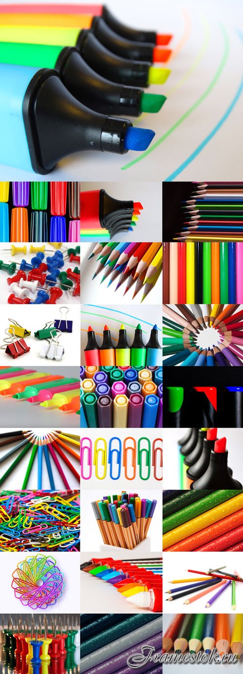 Colored pencils, buttons, paper clips bitmap