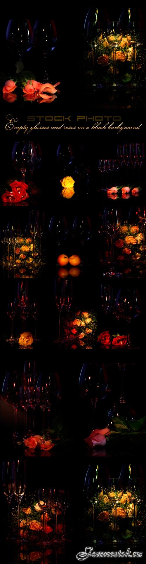 Empty glasses and roses on a black background