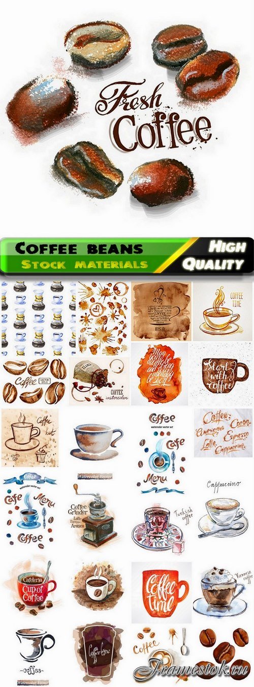 Coffee beans and brewed coffee painted in watercolor - 25 Eps