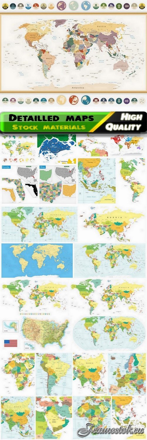 Detailed maps of the world and continents - 25 Eps