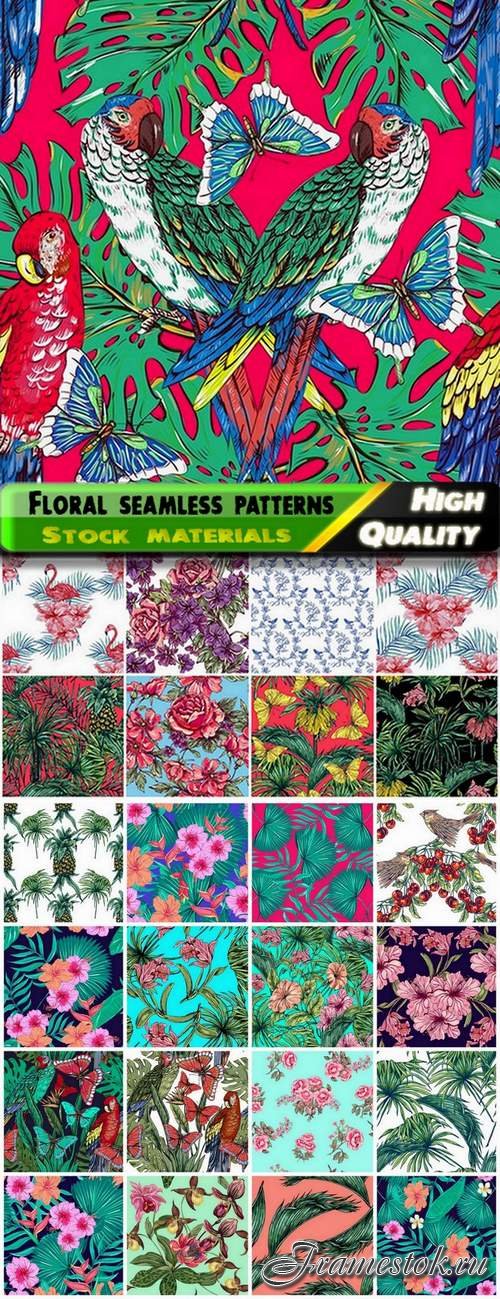 Floral seamless patterns with birds and tropical plants - 25 Eps