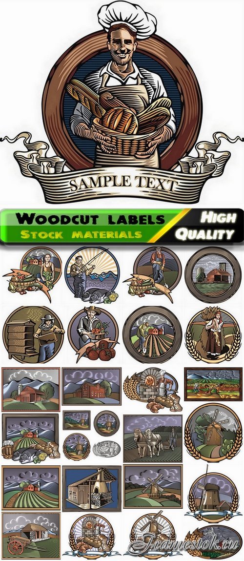 Landscapes and bakery labels in Woodcut style - 25 Eps