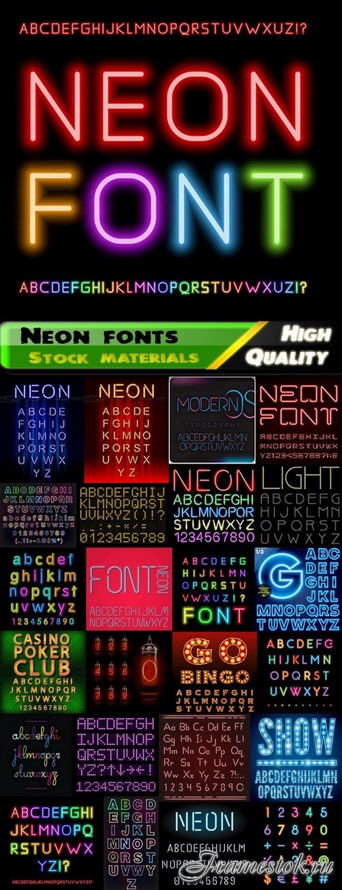 Neon lights fonts and letters of alphabet - 25 Eps