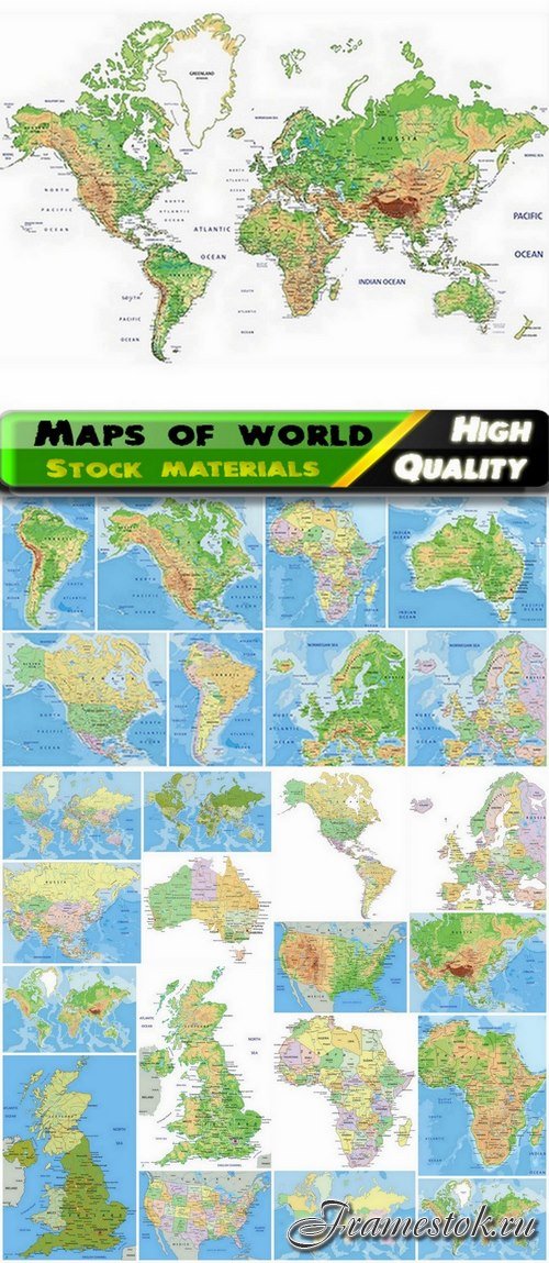 Detailed maps of world and countries with continents - 25 Eps
