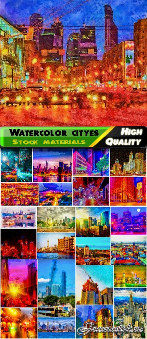 Watercolor art pantings of night cityes - 25 HQ Jpg
