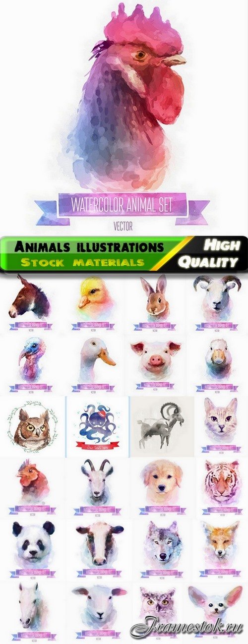 Realistic watercolor animals illustrations - 25 Eps