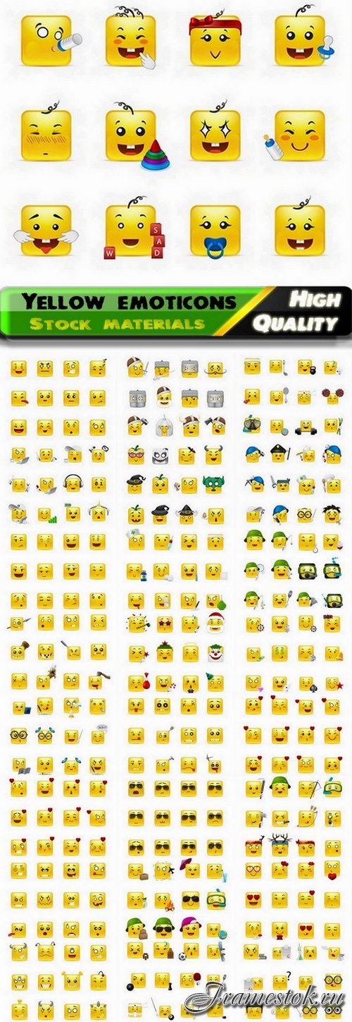 Yellow square smiling faces and emoticons - 25 Eps