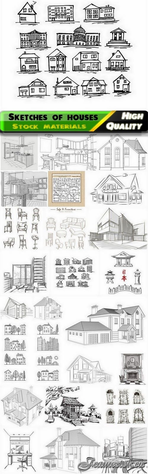 Sketches and drawings of houses and buildings - 25 Eps