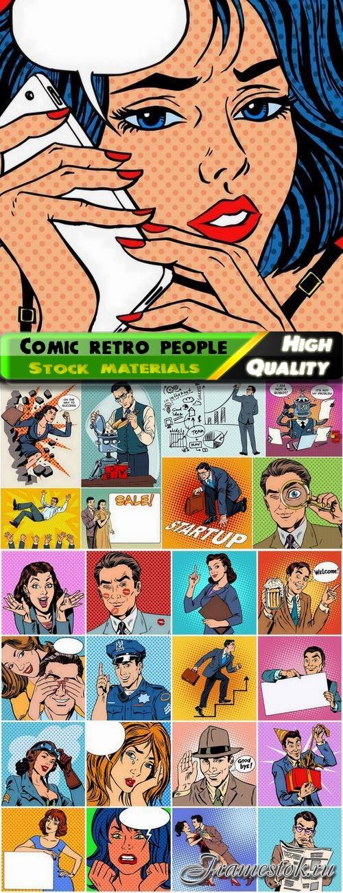 Comic retro people on dots halftones backgrounds - 25 Eps