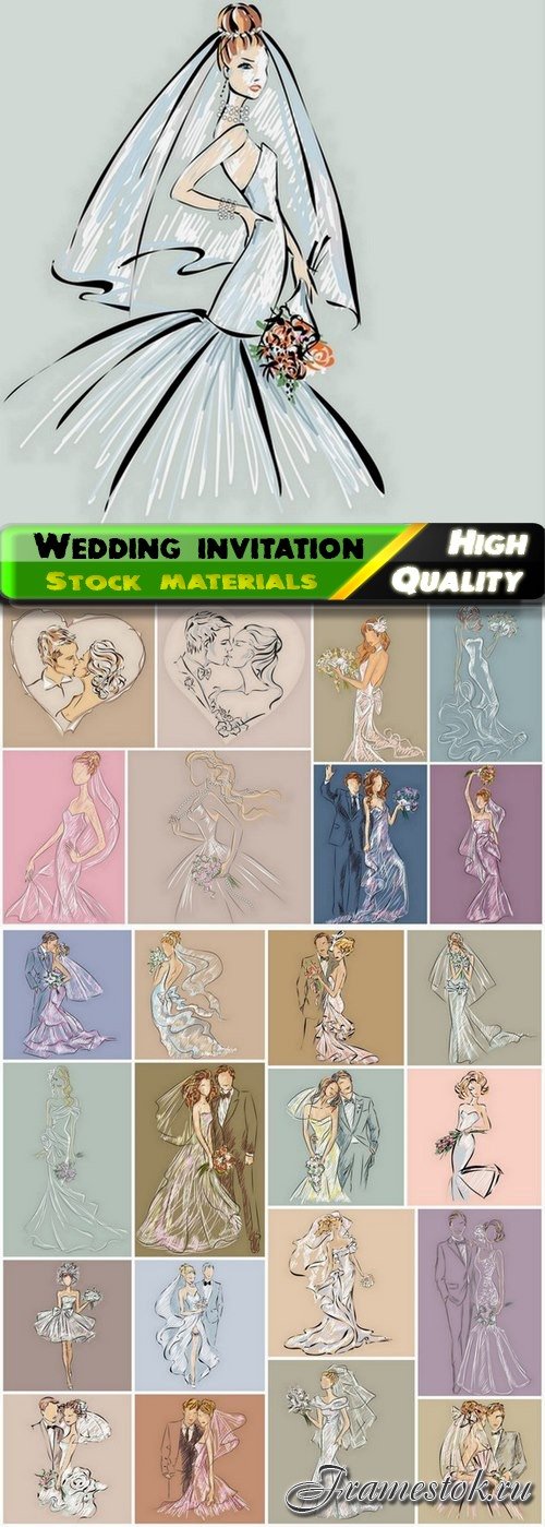Sketches of couple in love illustrations for wedding invitation - 25 Eps
