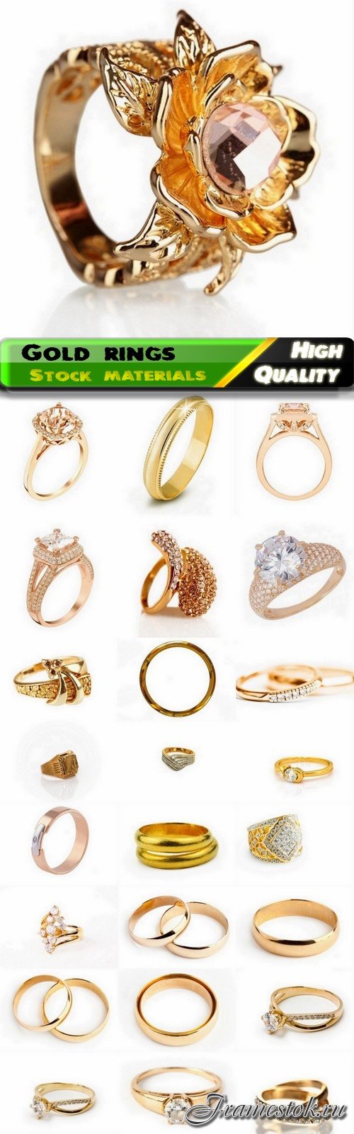 Gold rings with jewels and gems on white - 25 HQ Jpg
