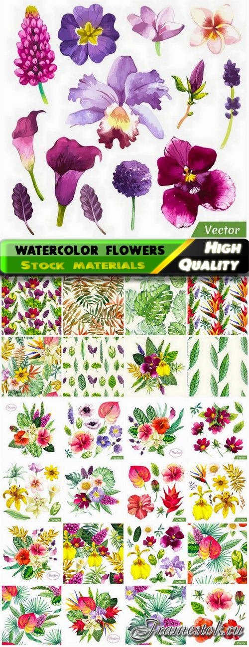 Cute watercolor flowers and leaves illustration - 25 Eps