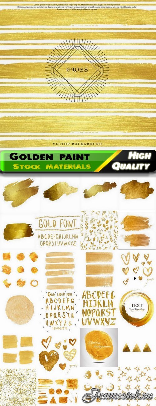 Golden paint brushes stains stripes letters - 25 Eps