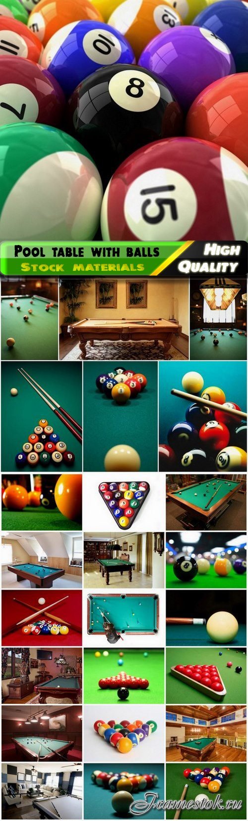 House interior with a pool table with balls and cue - 25 HQ Jpg