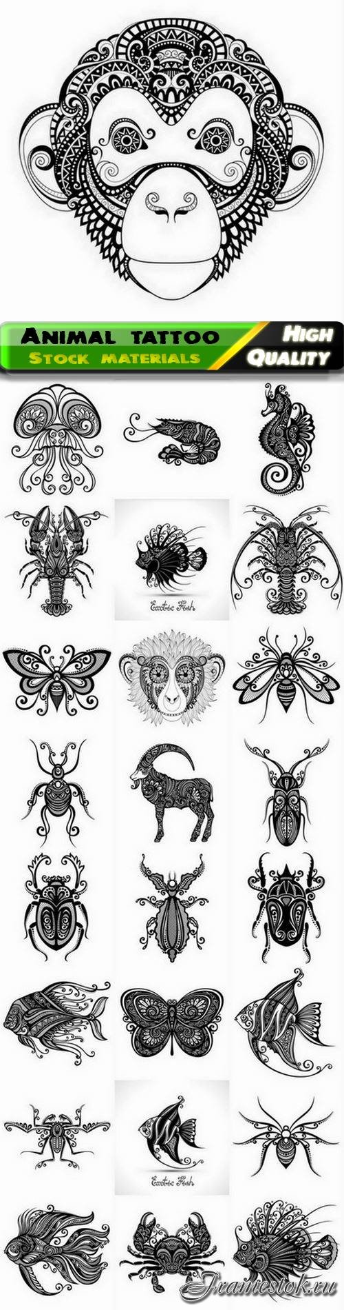 Ethnic tattoo of wild and sea animal with ornament and pattern - 25 Eps