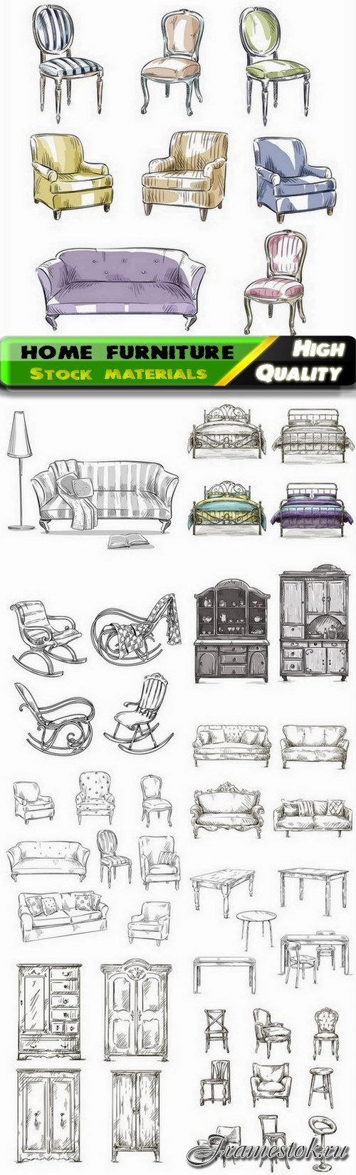 Hand drawn home furniture is chair cabinet sofa bed - 10 Eps