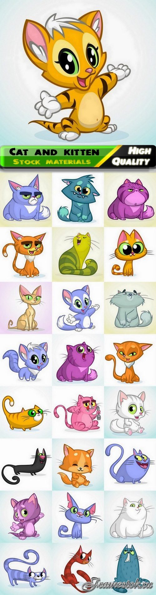 Cute illustration of cartoon cat and kitten of various breeds - 25 Eps