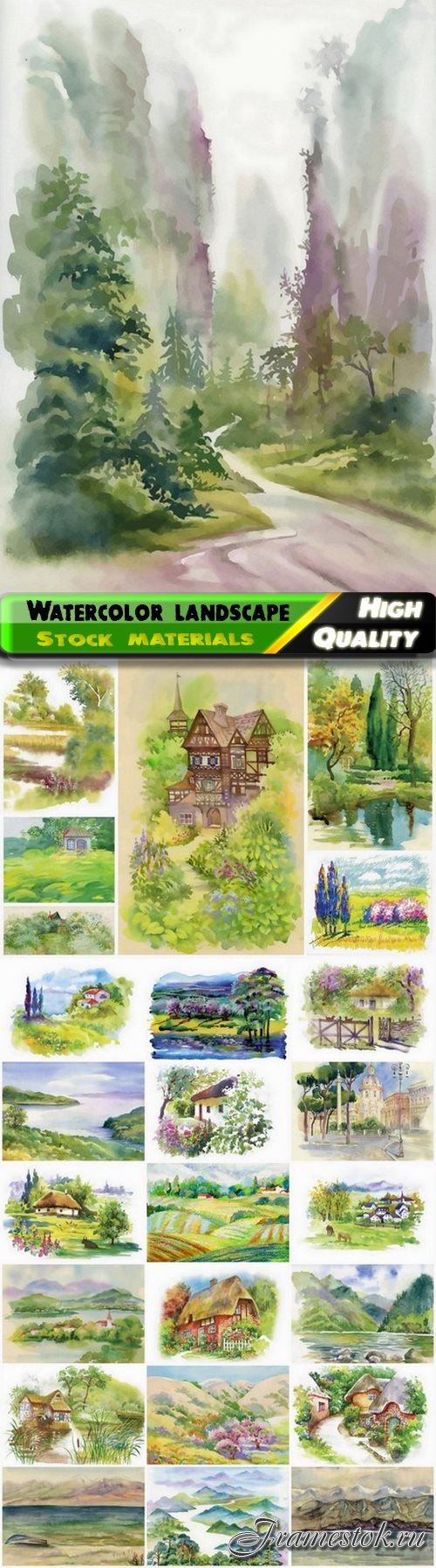 Watercolor nature landscape with forest lake and mountain and field - 25 Eps